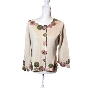 Covelo Silk Cotton Embellished Floral Cardigan Medium Beige Crochet Trim